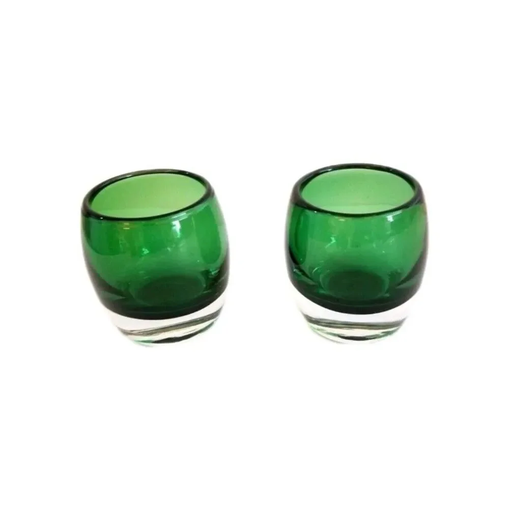 Crate & Barrel 2 Hand Blown Glass Candle Holders Emerald Green to Clear 3 inch